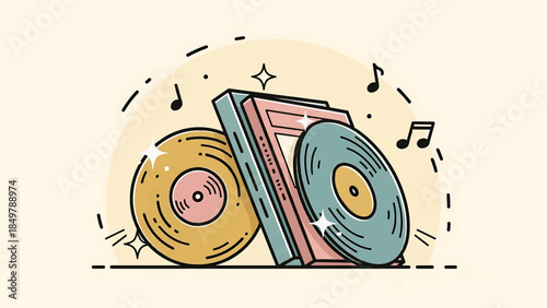 Vintage vinyl records and cassette tape with musical notes around