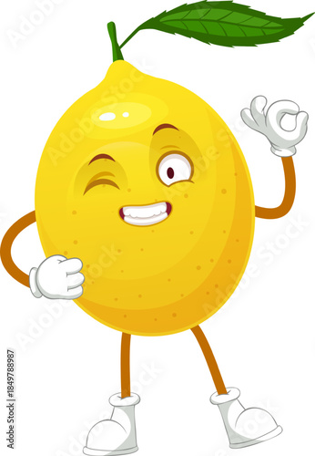 Lemon fruit character winking making okay hand gesture