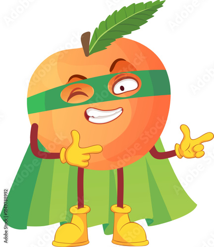 Cartoon peach character acting as superhero promoting health