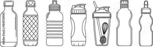 Water bottle types, drink containers, sports bottle, baby bottle, shaker bottle, flip-top, screw cap, CAD drawing, flat vector, illustration