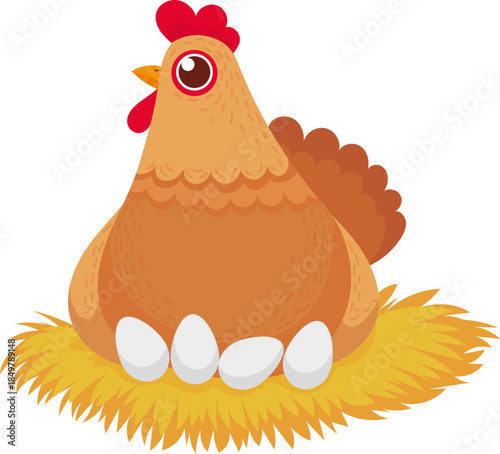 Hen sitting on a straw nest incubating eggs