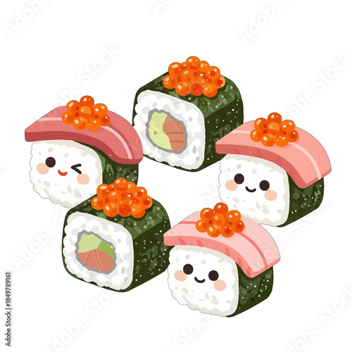 Cute sushi rolls with smiling faces and roe