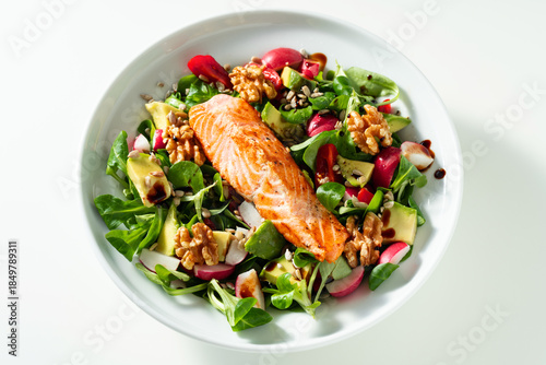 Nutritious Green Salad with Fried Salmon, Avocado and Nuts