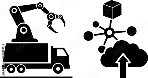 Black silhouette industrial robot arm on truck loading box with cloud upload and network connection symbols