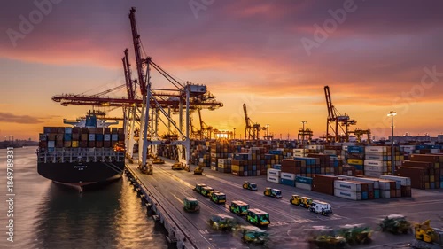 Container ship at port with cranes and containers