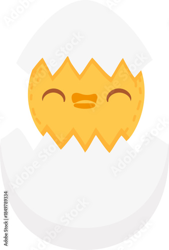 Little chick hatching from eggshell smiling happily