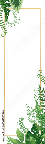 Tropical green foliage framing golden rectangular background