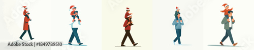 vector of happy father walk carrying his son on his shoulders at Christmas
