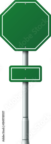 Blank green octagonal and rectangular road signs