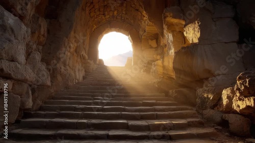 Sunlit Stone Stairway Leading to Arched Opening with Warm Light Rays and Detailed Texture Under a Clear Sky on a Bright Day with Stone Walls and Steps