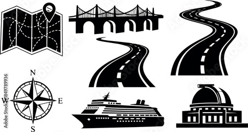 Black and white vector icons including map compass road bridge cruise ship and observatory building silhouette set