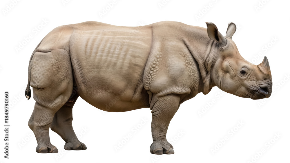 Fototapeta premium Isolated rhinoceros standing alert, animal in full side view with horn, endangered species