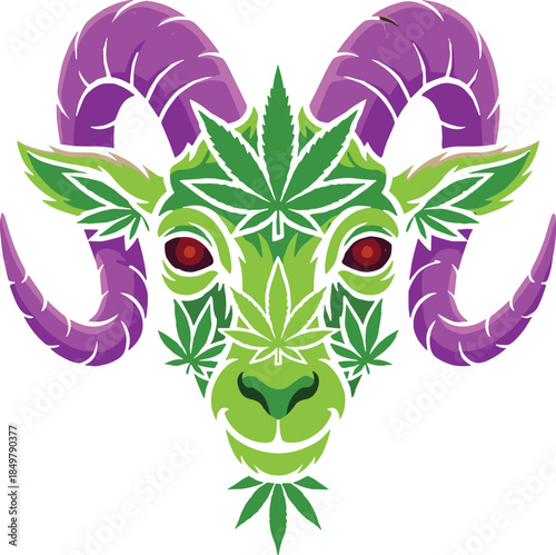 Colorful ram goat face cannabis leaf illustration, psychedelic zodiac aries symbol, modern vector art, mystical marijuana animal design, logo graphic