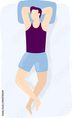 Person relaxing on bed, hands behind head