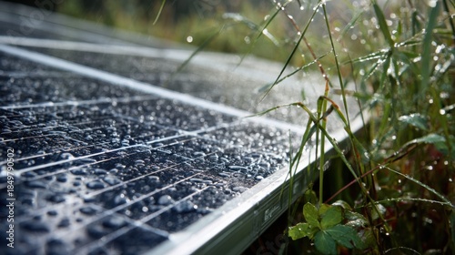Wet solar panel surface with grass and water drops