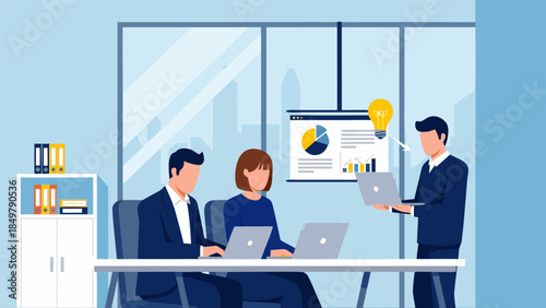 Professional business team collaborating on a strategic presentation with innovative ideas in a modern office meeting room