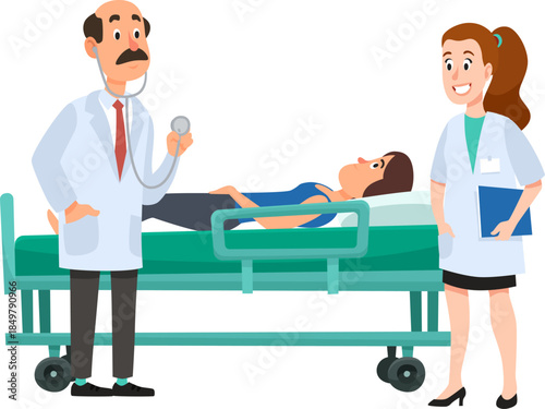 Doctor examining patient on gurney, nurse assisting