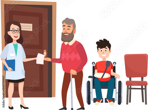 Doctor assisting diverse patients in clinic waiting room