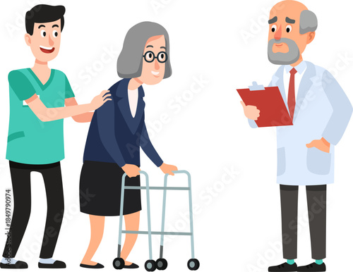 Nurse supporting senior woman walking with doctor