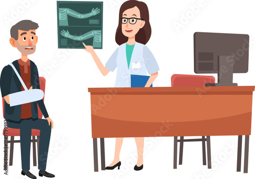 Doctor discussing arm x ray with patient having cast