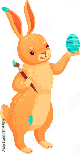 Easter bunny holding paintbrush decorating speckled egg