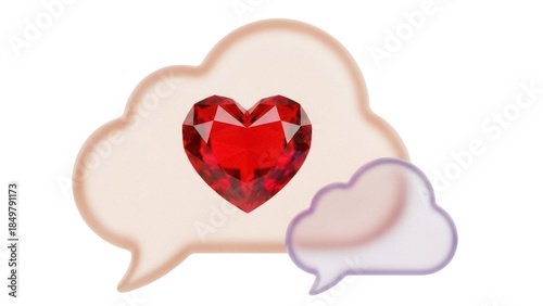 Isolated Love Heart Gem in Cloud Chat Bubbles Symbol Communication Message, No People