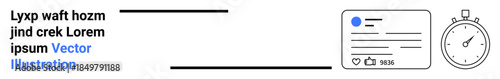 Social media marketing, digital analytics, content planning, time management, brand engagement, online presence. Stopwatch and digital card with analytics. Social media marketing and digital