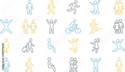 People activity line icons set, human actions walking running jumping cycling social interaction flat vector illustration collection design elements editable