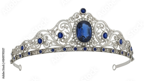Foto Isolated silver sapphire tiara with ornate swirls, for elegant evening wear in r