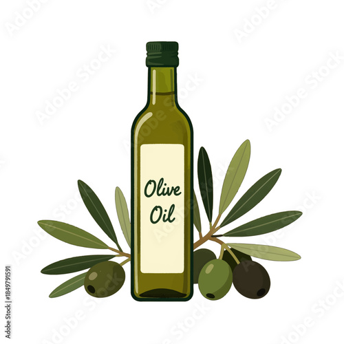 Olive oil bottle with olives and leaves