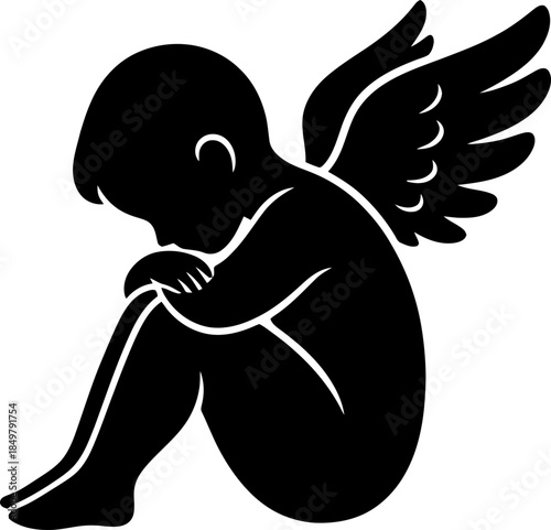 Сute baby angel with wings sitting, symbolizing innocence, grief, or memory. Vector illustration for greeting card, memorial, tattoo