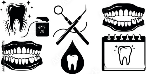 Black and white vector art dental tools with tooth icons floss dental mirror dentures and calendar teeth health concept