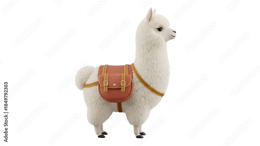 Obraz premium Isolated cute llama with saddlebag, soft woolen toy. Fluffy camelid animal figurine, plush alpaca