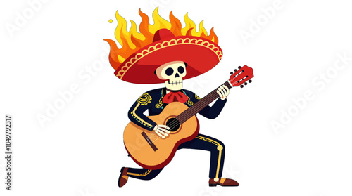 Skeleton in sombrero playing guitar with flames.