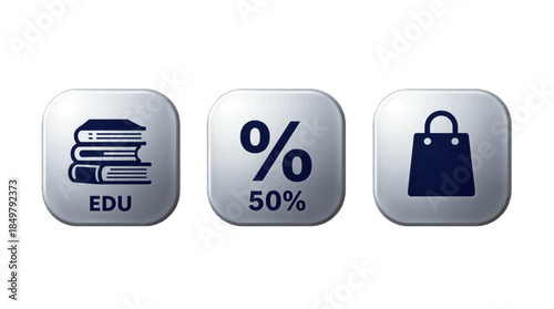 Square buttons with education, discount, and shopping icons
