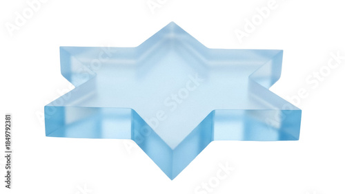 Isolated pale blue Star of David, transparent glass star shape, translucent ornament