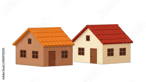 Two Cartoon Houses with Brown and Red Roofs