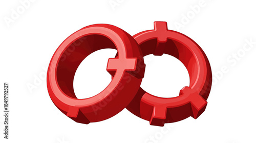 Two interlocking red plastic gears isolated