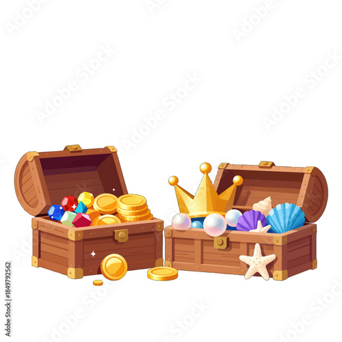 Two Wooden Treasure Chests Filled with Gold and Jewels