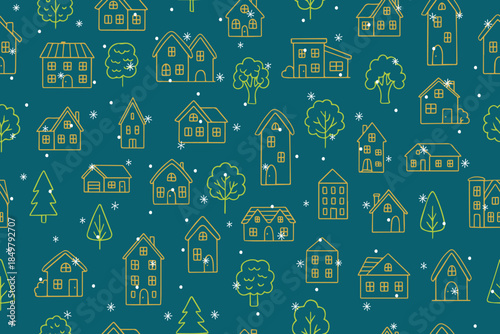 A charming winter-themed vector illustration featuring various houses and trees arranged in a whimsical pattern, complete with falling snowflakes on a teal background.