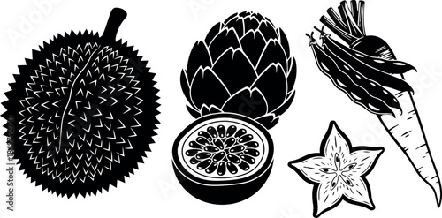 Black silhouette vector set of tropical fruit durian passion fruit artichoke starfruit and carrot outline illustration