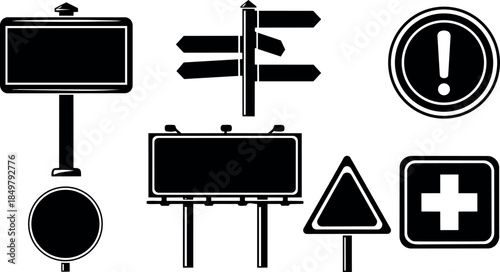 Black and white flat design various street signs including direction arrows and warning icons isolated vector art