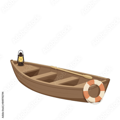 Wooden rowboat with lantern and lifebuoy.