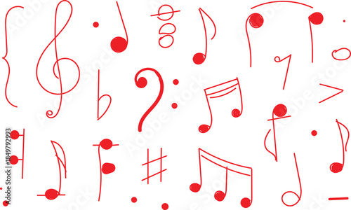 collection of hand-drawn musical notation symbols in red.