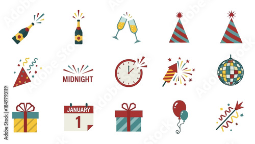 New Year Celebration Icons Set Illustration.