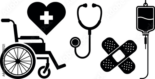 Black and white medical icon set with wheelchair stethoscope bandages and iv drip healthcare symbols vector design