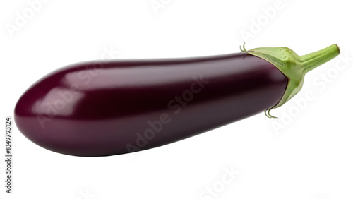 Isolated eggplant on a clean surface, a shiny vegetable with a green stem and calyx