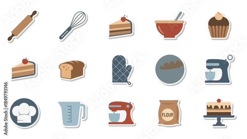 Baking Icons Featuring Kitchen Utensils and Ingredients.