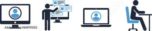 Remote Work and Online Learning Conceptual Icons Representing Digital Education, E-Learning Platforms, Virtual Meetings, and Professional Telecommuting Setup at a Desk.