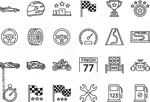 Motorsport racing icon set with cars, helmets, flags, trophies, speedometer and pit elements, minimal line vector illustration